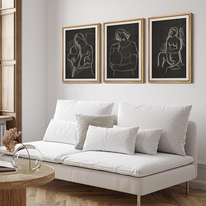 SIGNFORD Framed Wall Art Print Set Black Background Figurative Line Digital Art Modern Art Contemporary for Living Room, Bedroom, Office - 16"x24"x3 NATURAL