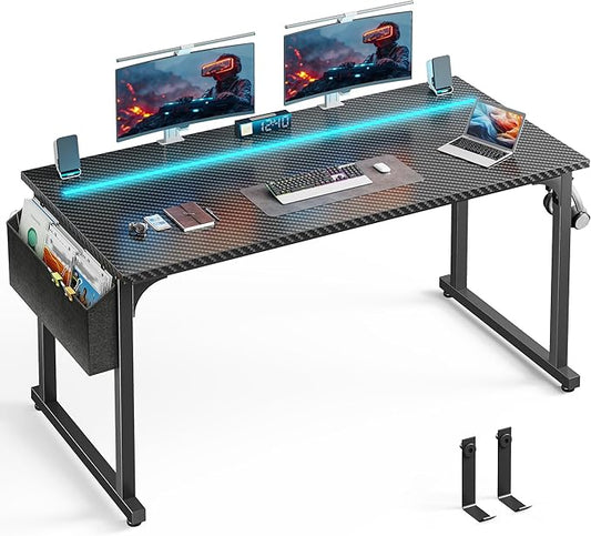 55 Inch Gaming Desk with LED Lights,Computer Desk with Storage Bag for Home Office, Simple Office Desk with Headphone Hook for Study Writing Work Desk,Sturdy Metal Frame,Black