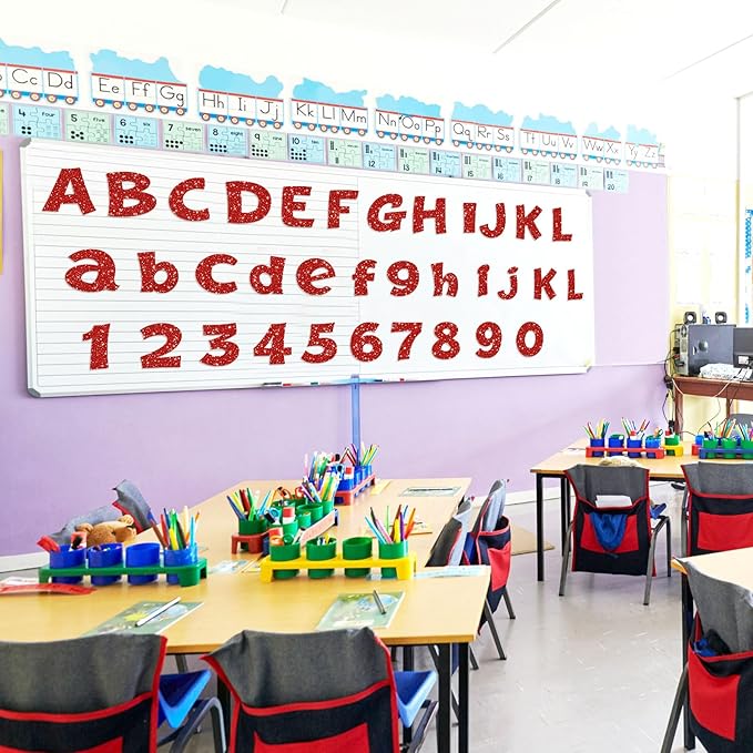Colarr 216 Pcs Glitter Bulletin Board Letters for Classroom Number Alphabet Punctuation Symbol Cutout 4'' Die-Cut Poster Letter with Adhesive Dot School Party Holiday Decor Display(Red)