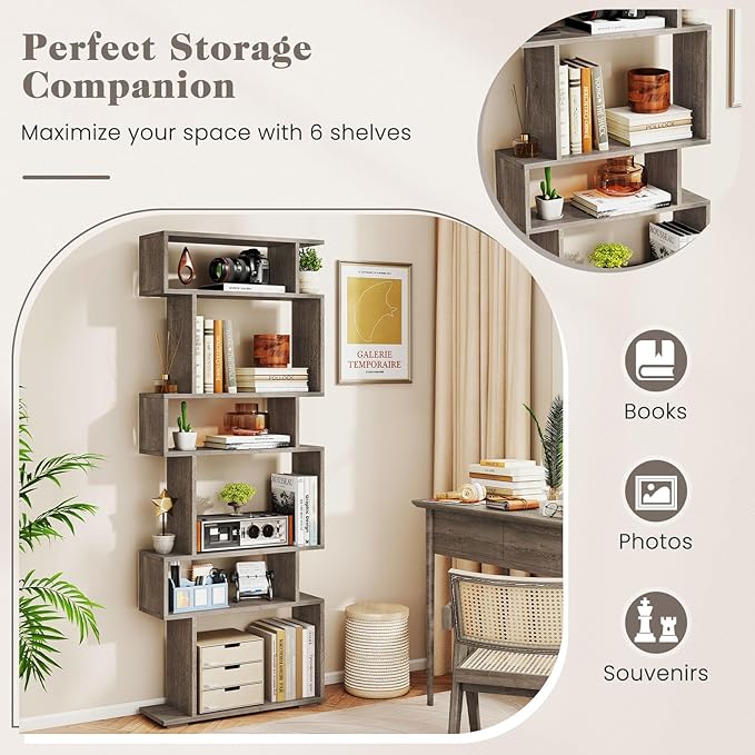 Giantex 6-Tier Geometric Bookshelves Set of 2, S-Shaped Bookcase with 2 Anti-Tipping Kits, Wooden Display Shelf, Decorative Storage Shelving Unit, Home Storage Organizer for Office Living Room