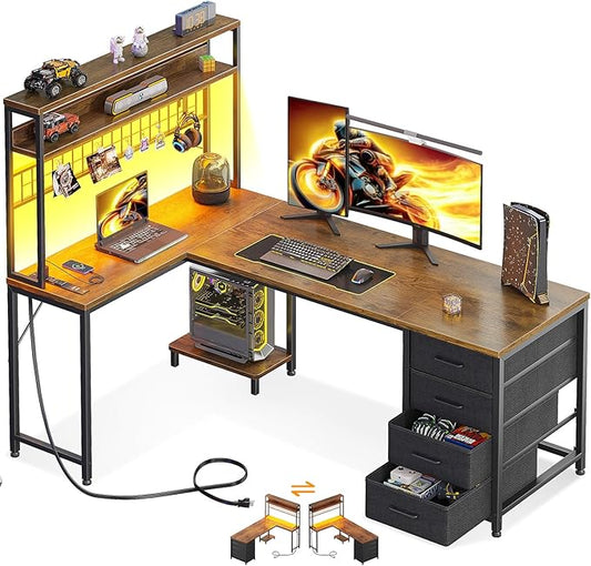 AODK L Shaped Desk Gaming Desk with LED Light & Power Outlet, 59 Inch Reversible L Shaped Computer Table with 4 Drawers for Home Office, Vintage