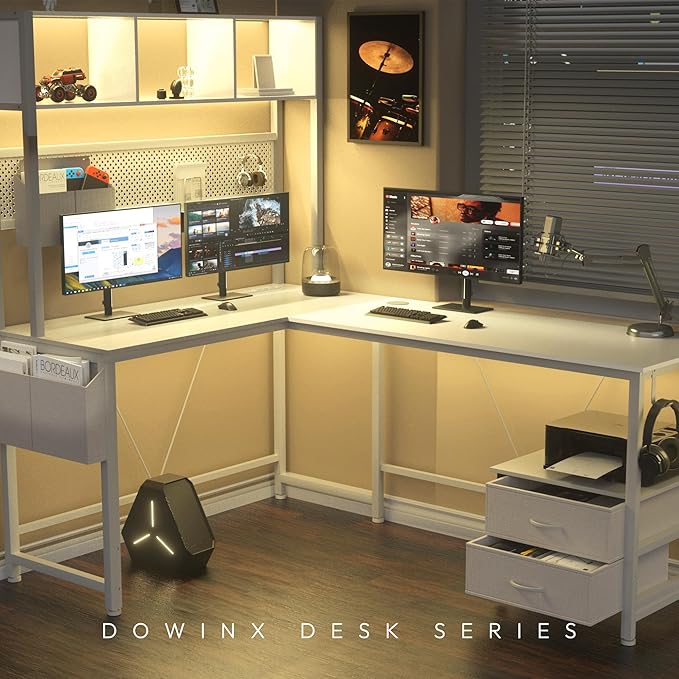 Dowinx 67” L-Shaped Gaming Desk with Pegboard & Drawers, Reversible Computer Desk with RGB Lights & Power Outlets, Corner Workstation with Storage & Hutch for Home Office & Gaming White