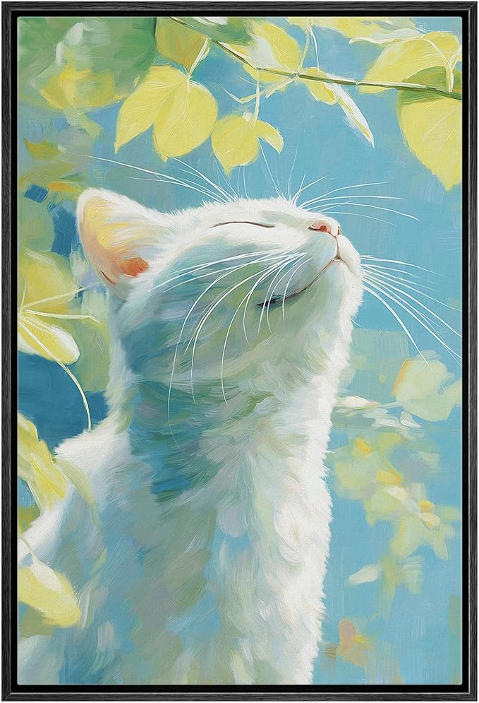 MUDECOR Framed Canvas Print Wall Art Sunlit White Catwork Illustrations Minimalism Decorative Relax Colorful for Living Room, Bedroom, Office - 16"x24" Black