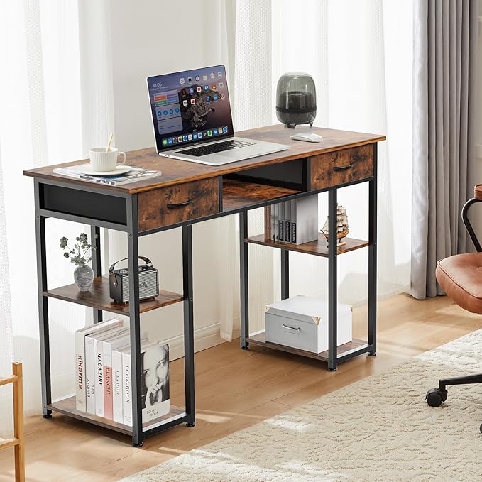 Sweetcrispy Computer Gaming Desk with Drawers & Storage Shelves - 48 Inch Bedroom Writing Study Home Office PC Table, Adjustable Feet, Rustic Brown