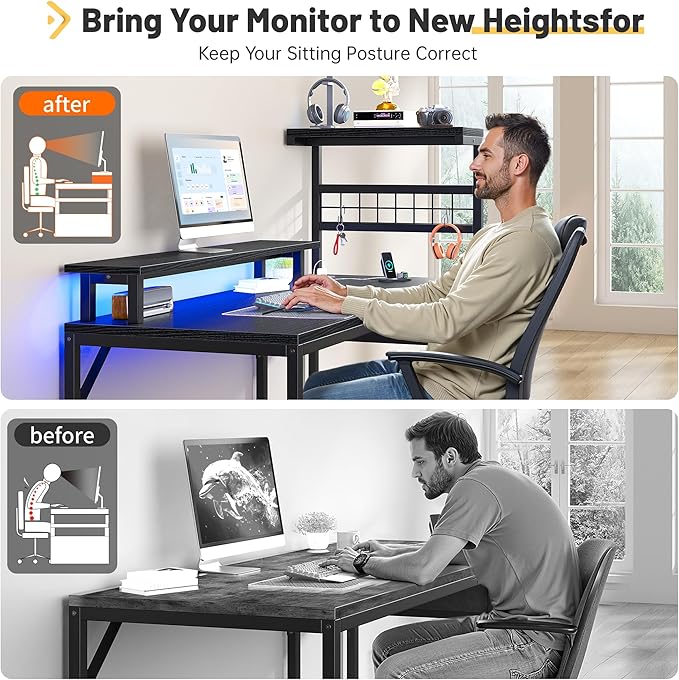 EnHomee 48" Gaming Desk with LED Lights & Power Outlets, Home Office Desk with Monitor Stand, Computer Desk with Drawer & Storage Shelves for Living Room, Study Room, Gaming Room, Black