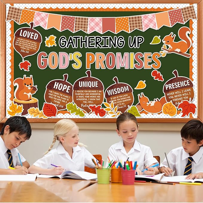 Fall Thanksgiving Religious Bulletin Board Set Autumn Squirrels Classroom Decorations Bible Verse Gathering Up God's Promises Paper Cutouts for Home Christian School Church Chalkboard Wall Door Decor