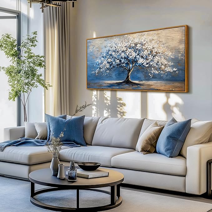 SERIMINO Tree of Life Wall Art, Framed Wall Art Large Artwork, Cherry Blossom Tree Abstract Paintings Prints, Nature Canvas Art Wall Decor, Blue Neutral Pictures for Living Room Bedroom Office 29"X57"