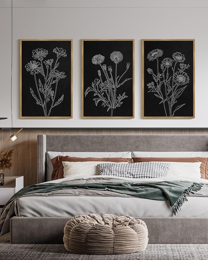 Drsoum Black White Flower Wall Art Vintage Minimalist Floral Wall Hanging Decor Bohemain Botanical Prints Artwork for Bedroom Living Room Hallway 24x36in Natural Framed