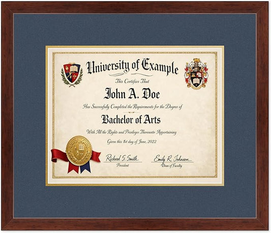 CountryArtHouse Diploma Frame Fits 14 x 11 College Diploma (Modern) - Keepsake Graduation Display Rustic Walnut Genuine Hardwood with Navy Blue Over Metallic Gold Double mat