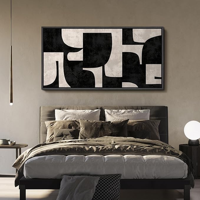 SIGNFORD Extra Large Framed Canvas Black and Beige Geometric Abstract Mid-Century Illustrations Modern Art Calm Warm for Living Room, Bedroom, Office - 60"x30"
