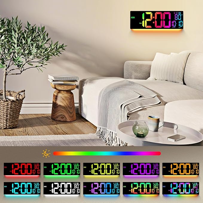 16.5" Large Digital Wall Clock: 11 RGB Color LED Display with Remote Control, Auto DST, Temperature & Date, Big Number Wall Clock for Seniors, Classroom, Office, Gym, Home Decor Black