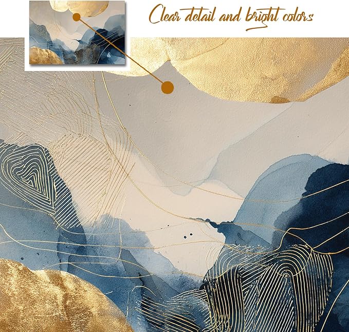 gaosoul Modern Blue Abstract Canvas Wall Art Oil Painting Gicless Prints with Gold Circles Flowing Watercolor Effects Dynamic Brushstrokes Artwork for Living Room Home Office Decor Framed 48x32in