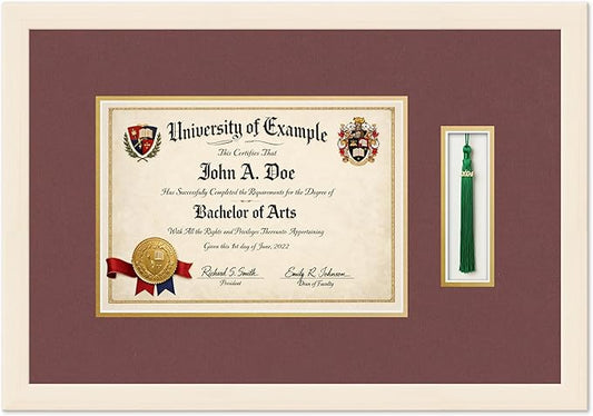 Diploma and Tassel Frame Fits 11.69 x 8.27 A4 Certificate with Tasse Coastal Whitewash Genuine Hardwood Shadowbox with Dark Red Over Metallic Gold Double mat