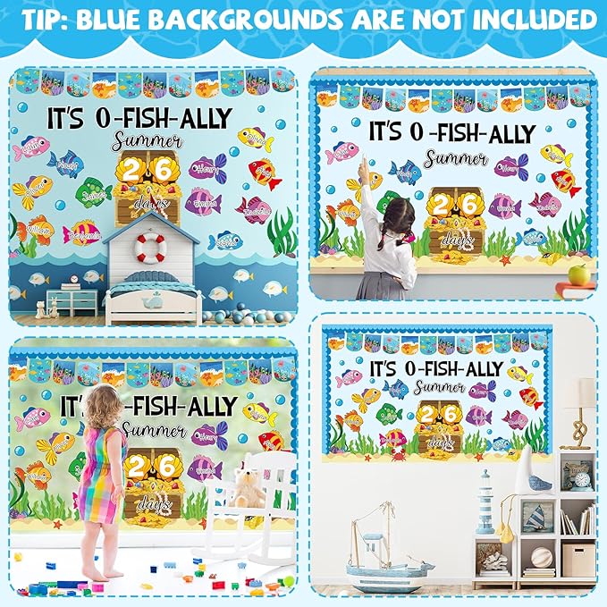 Summer Ocean Count Down Bulletin Board Decorations O-Fish-Ally Summer Days Paper Cutouts End of Year Tropical Marine Fish Bulletin Board Set for Classroom School Home Wall Decor Supplies