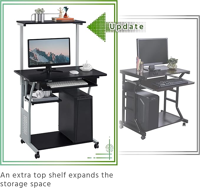 Topeakmart 3 Tier Computer Desk with Printer Shelf and Keyboard Tray, Home Office Desk Computer Workstation Rolling Study PC Laptop Table for Small Spaces Black