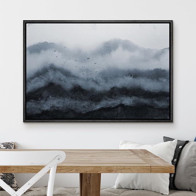 MUDECOR Framed Canvas Print Wall Art Peaceful Mountain Mist with Flying Birds Soft Watercolor Landscape Illustrations Minimalism Decorative Relax for Living Room, Bedroom, Office - 16"x24" BLACK