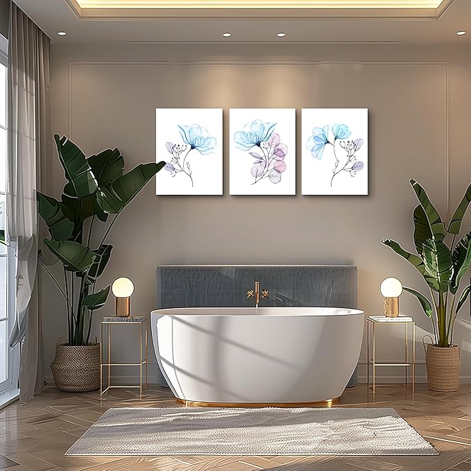Modern blue flowers Canvas Wall Art for bedroom Living Room,Bathroom Wall Decor,3 Panels Wall Painting Home Decoration kitchen Canvas Print Abstract watercolor flowers and leaves artwork wall mural