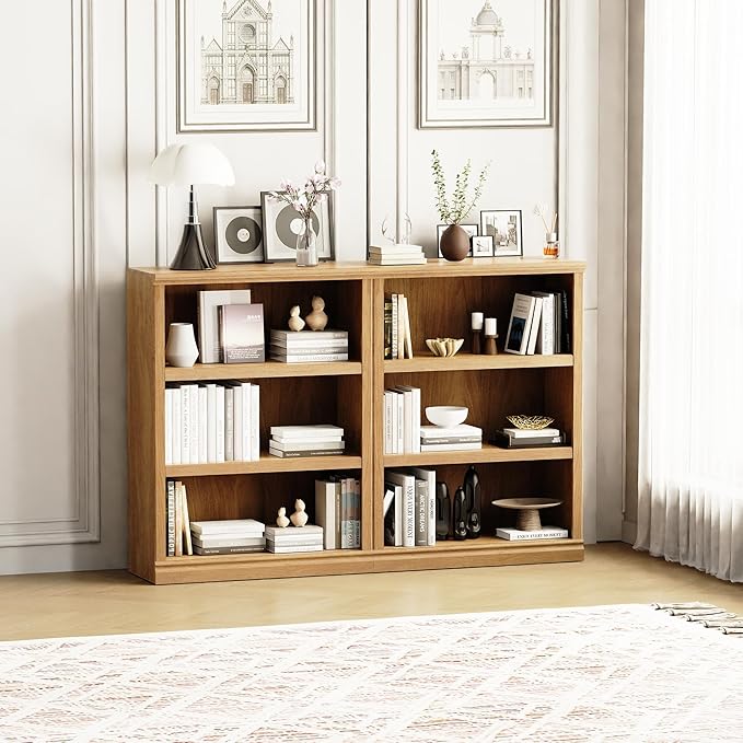 blini Bookshelf and Bookcase Set of 2, Wooden Oak Double Wide Large Bookshelves 3 Tier Bookshelf with Storage Cabinets for Living Room, Home Office, Library (Oak, 3-Shelf)