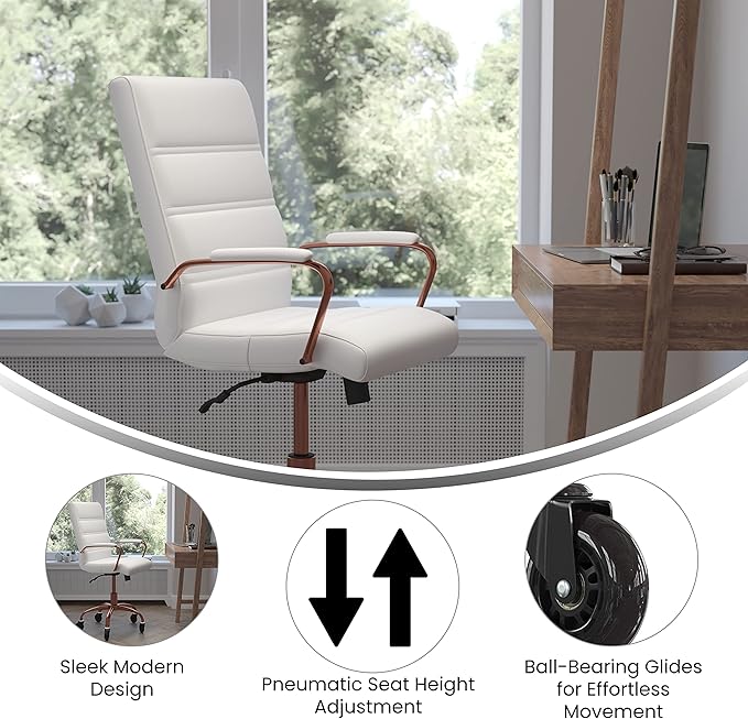 Flash Furniture Camilia Mid-Back White LeatherSoft Executive Swivel Office Chair with Rose Gold Frame, Arms, and Transparent Roller Wheels