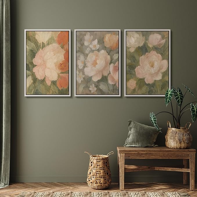 SIGNFORD Framed Wall Art Print Set Soft Pastel Peony Floral Romantic Botanical Digital Art Modern Art Contemporary for Living Room, Bedroom, Office - 16"x24"x3 WHITE