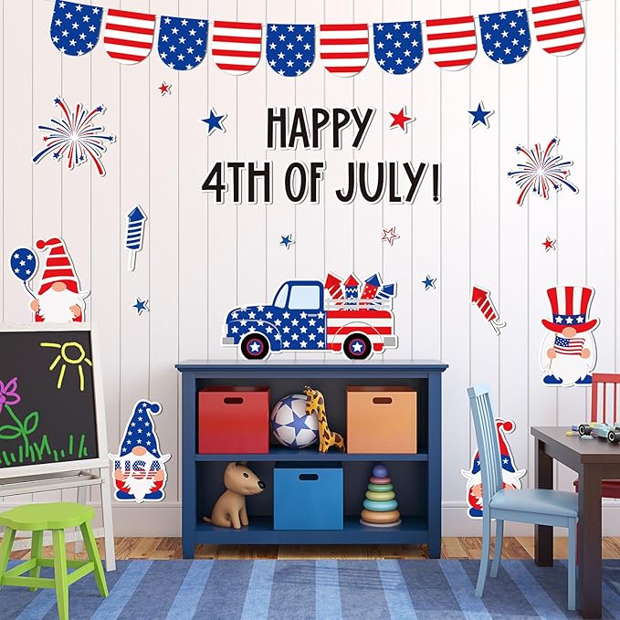 AnyDesign 4th of July Bulletin Board Decoration Red Blue Patriotic Gnome Truck Paper Cutouts with 150 Pcs Glue Points for Happy Independence Day Party Classroom Wall Decor, 72 Pcs
