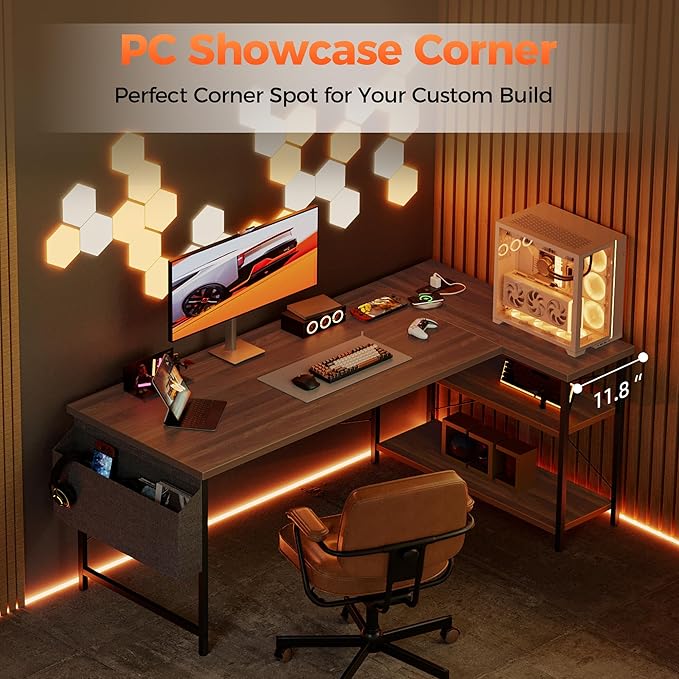 Mericonia Small L Shaped Computer Desk with Power Outlets, Reversible Gaming Desk with Storage Shelves, Corner Gamer Desk Table, Study Writing Table