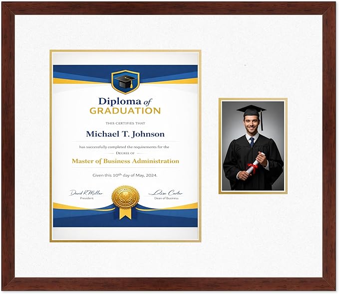 Diploma Frame With Photo Opening Rustic Walnut Oyster Shell Over Gold Mat - Fits 11 x 14 Degree and Picture Made in the USA