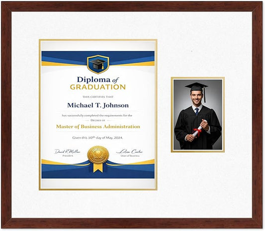 Diploma Frame With Photo Opening Rustic Walnut Oyster Shell Over Gold Mat - Fits 11 x 14 Degree and Picture Made in the USA