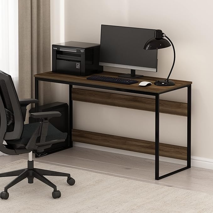 Furinno Moretti Computer Desk, Gaming Desk with Metal Frame, Office Desk, 52" Width, for Home Office, Gaming, Study, Brown Walnut