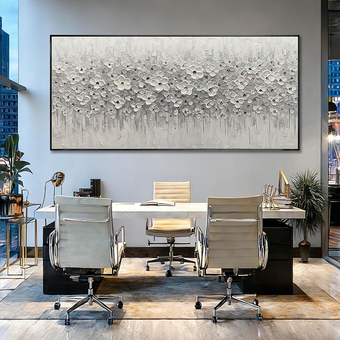 SDYA Oversized White Flower Wall Art, Hand Painted Floral Canvas Paintings With Frame, Extra Large Modern Wall Decor for Living Room Bedroom Office 40"x86"