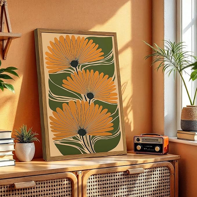 Framed Boho Floral Canvas Wall Art, Vintage Flower Pictures Wall Decor, Abstract Botanical Paintings Prints Maximalist Home Decor for living Room Bedroom Office 12x16 inch
