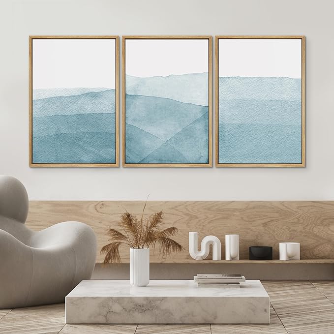 SIGNWIN 3 Piece Framed Canvas Wall Art Blue Wash Brushstroke Watercolor Nature Wilderness Illustrations Abstract Traditional Home Artwork Decoration for Living Room,Bedroom - 24"x36"x3 Natural