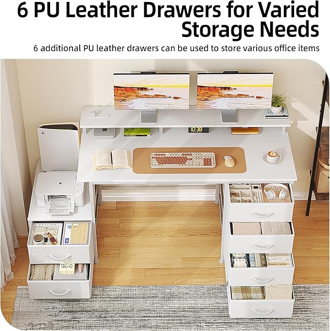 Flrrtenv 52 Inch Office Desk with 6 Drawers and Printer Space for Storage, Reversible Computer Desk with Monitor Stand & Power Outlets, Home Office Desks, White