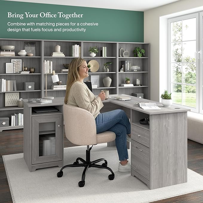 Bush Home Cabot 60W L Shaped Computer Desk with Storage in Modern Gray, 60-inch Corner Table with Drawers for Home Office Workspace