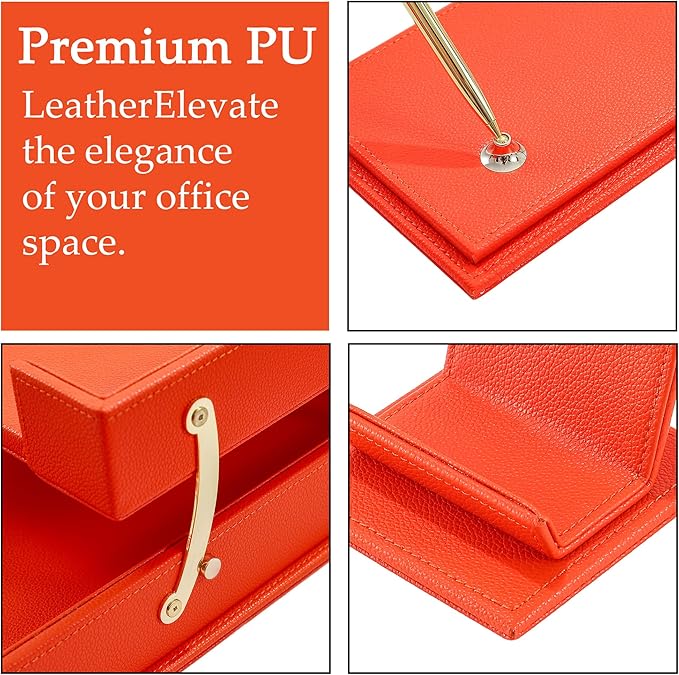 Luxury Executive Leather Desk Organizer Set –15-Piece Office Desk Accessories with Desk Pad, Letter Tray, Phone Stand, Pen Holder & Coasters – Professional Office Desk Decor & Gift (Orange)