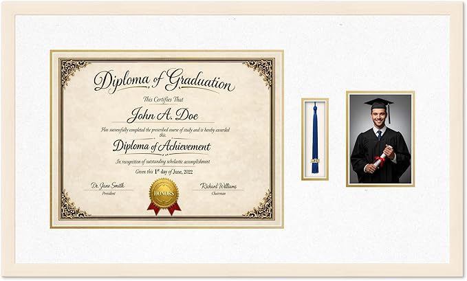 Diploma Tassel and Photo Frame Coastal Whitewash Shadowbox Oyster Shell Over Gold Mat - Fits 17 x 13 Degree Picture Made in the USA