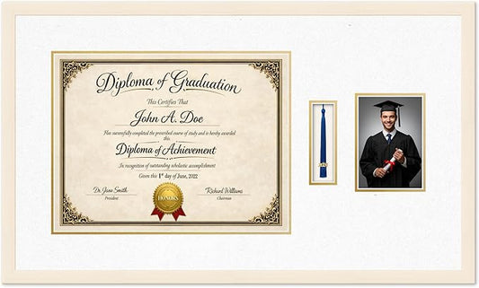 Diploma Tassel and Photo Frame Coastal Whitewash Shadowbox Oyster Shell Over Gold Mat - Fits 17 x 13 Degree Picture Made in the USA
