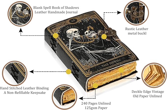 TUZECH Book of Spells Leather Bound Journal Deckle Edge Paper Grimoire Printed Diary Third Eye witchcraft supply and Witch Spell Notebook Antique Vintage Book for Men and Women (The Devil)