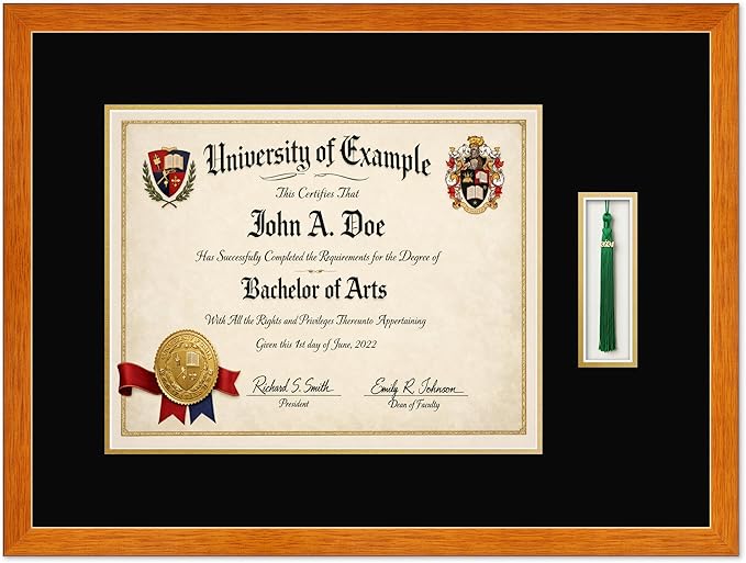 CountryArtHouse Diploma and Tassel Frame Fits 15 x 12 Military/Government with Tassel Hook Honey Oak Genuine Hardwood Shadowbox with Black Over Metallic Gold Double mat