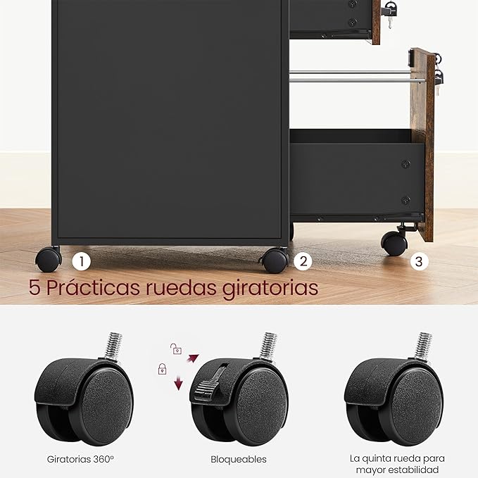 VASAGLE File Cabinet, Mobile Filing Cabinet on Wheels, for Home Office, 2 Lockable Drawers, for A4, Letter-Size Hanging File Folders, Open Shelf, Steel Frame, Rustic Brown and Ink Black UOFC077B01