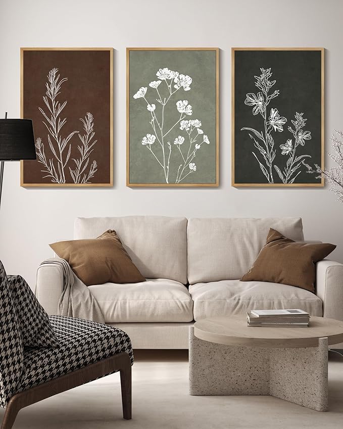 Drsoum Flower Wall Art Vintage Floral Minimalist Wall Hanging Decor Farmhouse Colorful Botanical Prints Artwork for Bedroom Living Room Hallway 24x36in Natural Framed