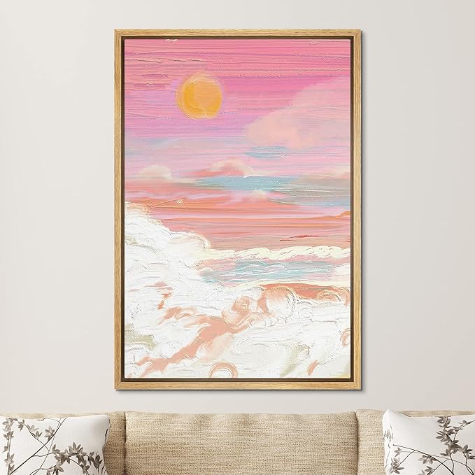 SIGNFORD Framed Canvas Print Wall Art Pastel Watercolor Pink Sunset Cloud Nature Wilderness Illustrations Modern Art Vibrant Girl's Bedroom Colorful for Living Room, Bedroom, Office - 16"x24" Natural