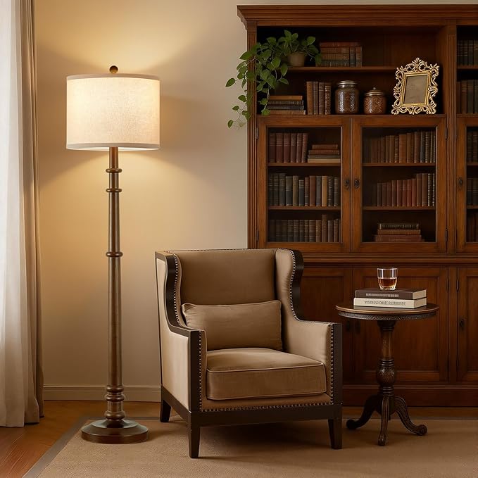 Floor Lamps for Living Room - 60" Wood Farmhouse Floor Lamp with Adjustable Color Temperatures - Vintage Standing Lamp Reading Light with Linen Shade Rustic Tall Lamp for Bedroom Office, Walnut