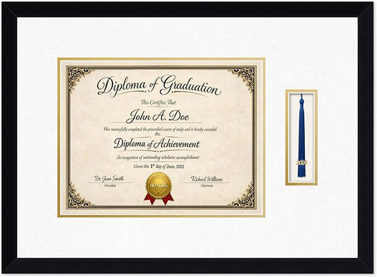 Diploma Frame with Tassel Holder Matte Black Shadowbox Oyster Shell Over Gold Mat - Fits 13 x 10 Degree Made in the USA