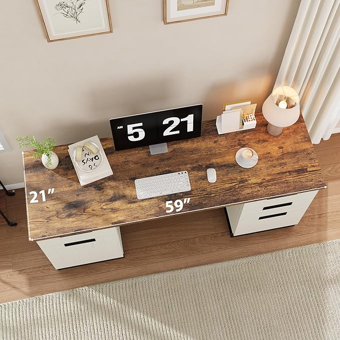 Garvee 59 in Farmhouse Executive Desk, Home Office Desk with File Drawer and Storage Cabinet, Wooden Computer Table with 3 Drawers for Work and Study ，White+Vintage/Black