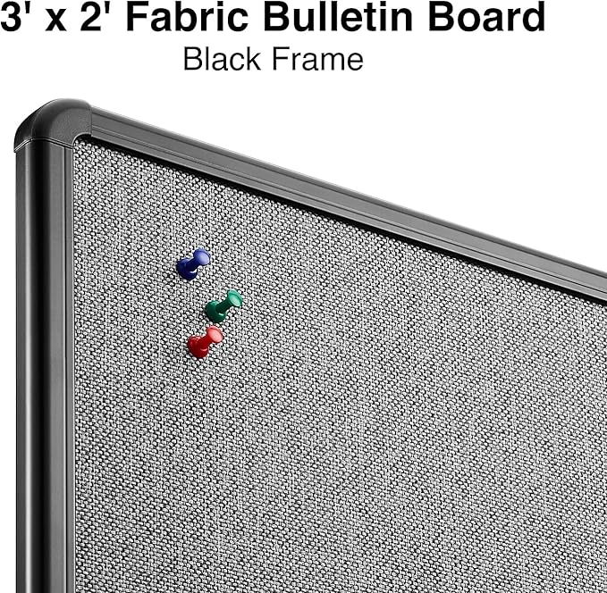 Staples Fabric Bulletin Board with Black Frame, 3' x 2' Wall Mounted Fabric Message Board for Home Office and Classroom
