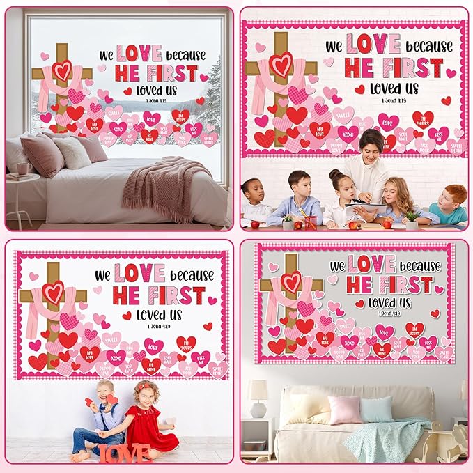 Valentine's Day Christian Jesus Bulletin Board Set Valentines Religious Bible Verse Bulletin Board Heart Cross Patterned Paper Cutouts for Church Sunday School Classroom Home Chalkboard Wall Decor