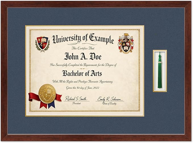 CountryArtHouse Diploma and Tassel Frame Fits 17 x 13 International Diploma with Tassel Ho Rustic Walnut Genuine Hardwood Shadowbox with Navy Blue Over Metallic Gold Double mat