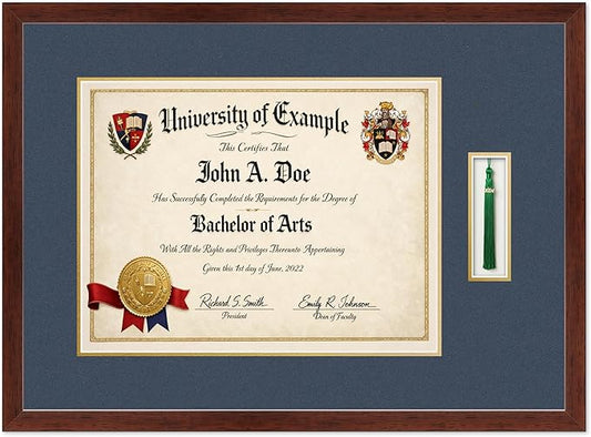 CountryArtHouse Diploma and Tassel Frame Fits 17 x 13 International Diploma with Tassel Ho Rustic Walnut Genuine Hardwood Shadowbox with Navy Blue Over Metallic Gold Double mat