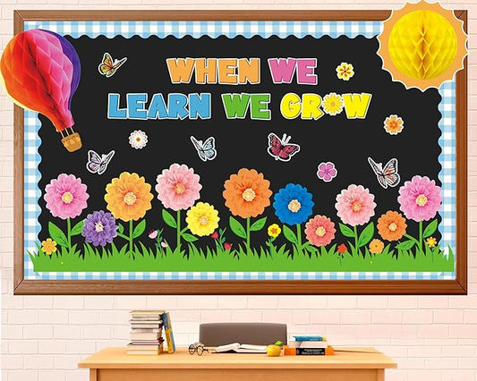 Spring Bulletin Board Decorations Flowers Themed Bulletin Board Set When We Learn We Grow Bulletin Board with 3D Paper Flower Cutouts for Back to School Classroom Wall Decor